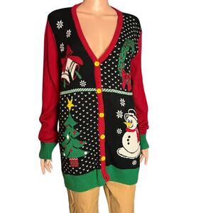 Ugly Christmas Cardigan Sweater 1X Snowman Wreath Bells Tree Holiday Xmas